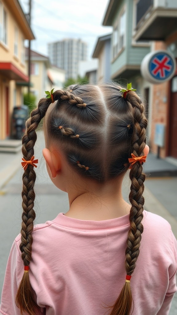 A girl with knotted braids tied with colorful ribbons, showcasing a trendy hairstyle.