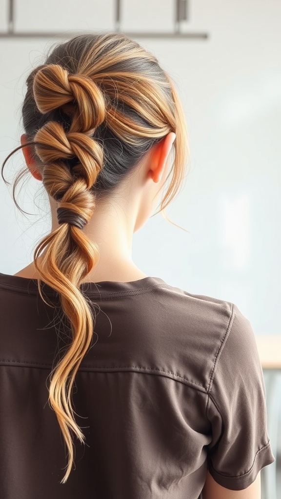 A woman with a knotted ponytail hairstyle featuring loose strands.
