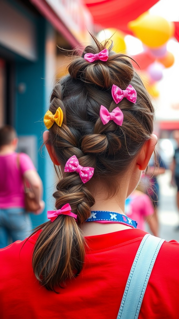 A child's hairstyle featuring a knotted ponytail adorned with colorful bows, showcasing a playful look.