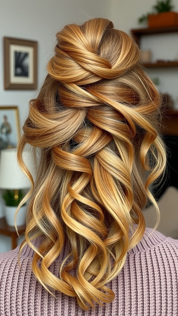 A woman with a knotted updo hairstyle featuring soft waves, showcasing a blend of golden hair tones.