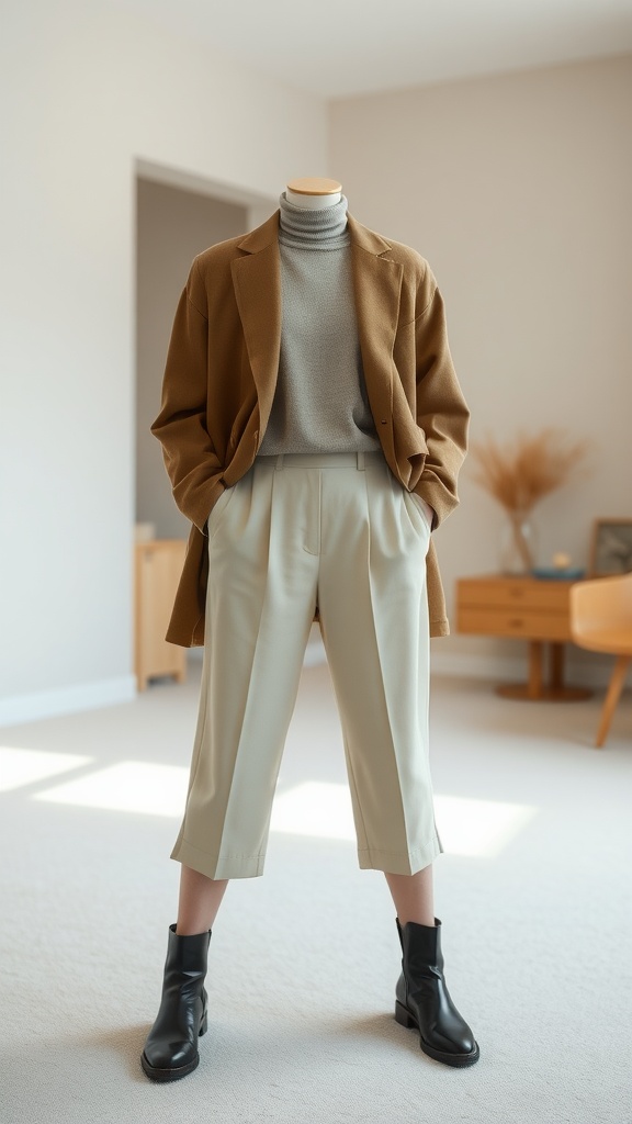 A mannequin wearing a brown coat over a grey turtleneck and light-colored trousers, paired with black boots in a softly lit room