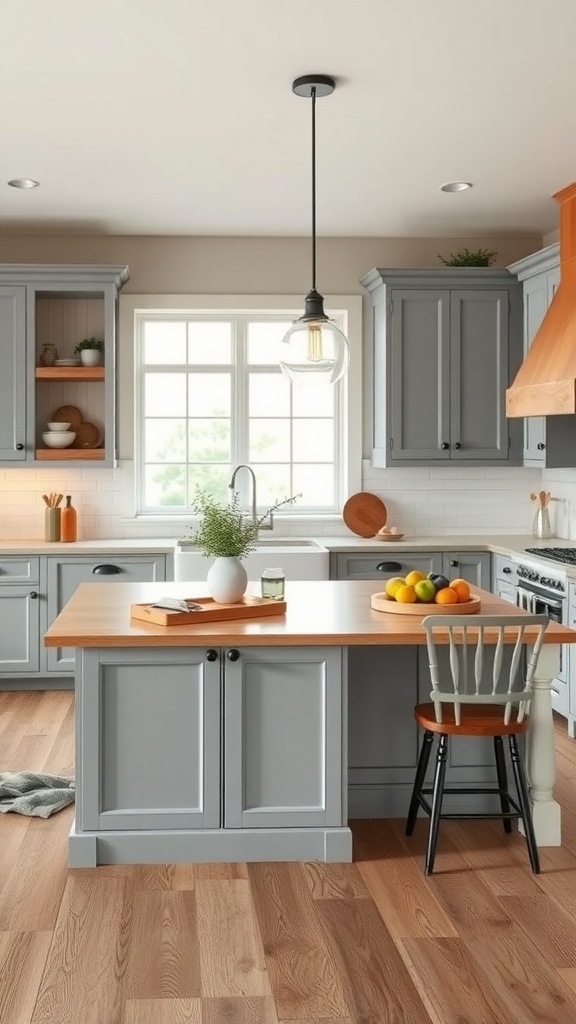 L-shaped kitchen island with gray cabinetry and wooden countertop