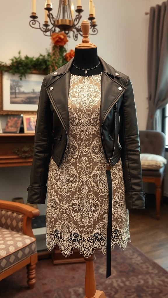A stylish outfit featuring a lace dress paired with a leather jacket.