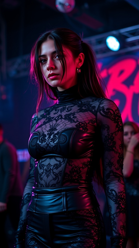 A model wearing a stylish lace and leather outfit at a rave.