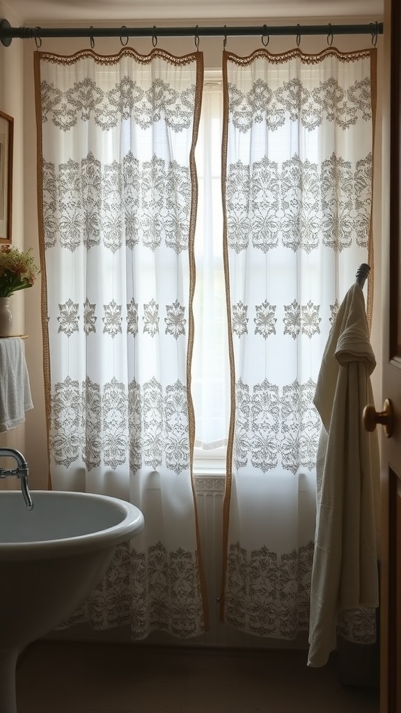 Vintage lace curtains in a bathroom, paired with linen towels, creating a cozy atmosphere.
