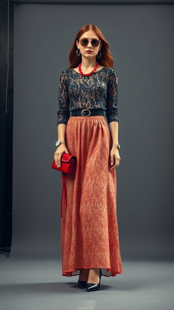 A woman wearing a black lace top and a patterned lace maxi skirt, accessorized with a red necklace, red handbag, and sunglasses.