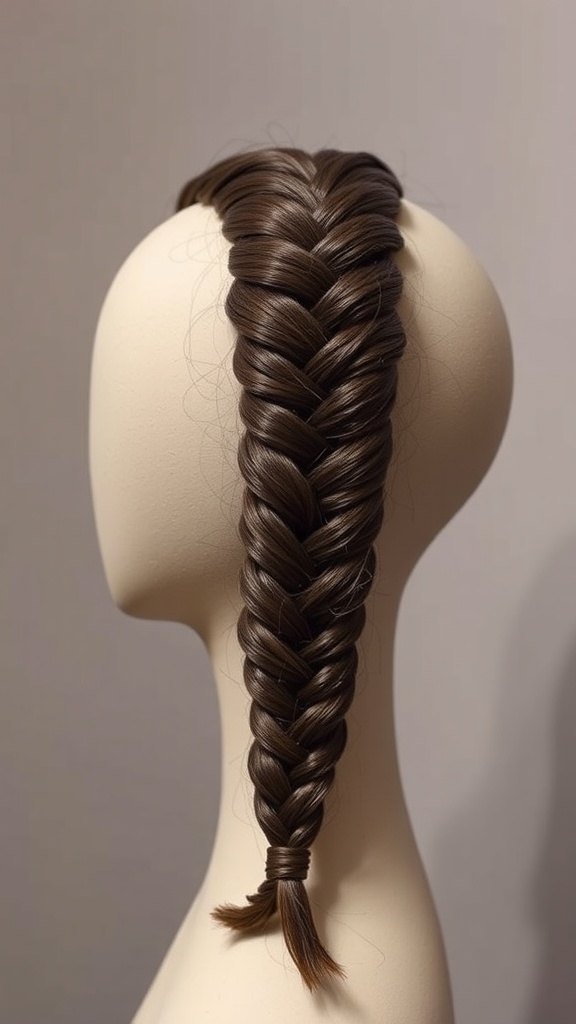 A ladder braid hairstyle displayed on a mannequin head.
