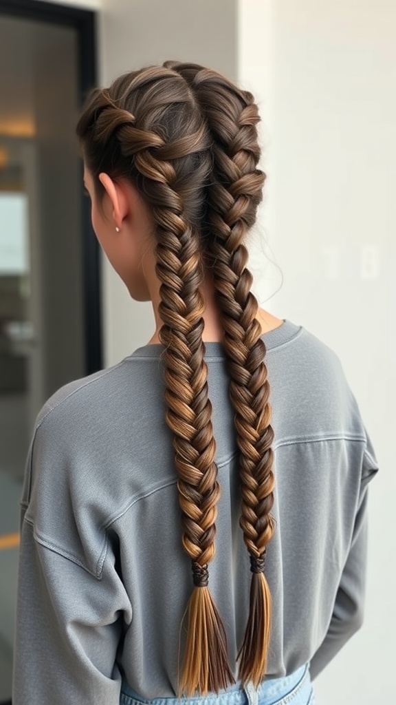 Two ladder braids styled down the back of a person with light brown hair.