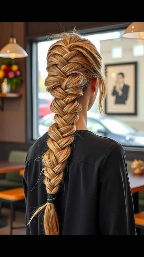 A woman with a beautiful ladder braid hairstyle, showcasing intricate weaving and a stylish look.