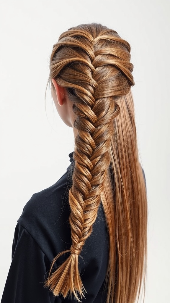 A person showing a ladder braid hairstyle, featuring a unique weaving pattern with a smooth finish.