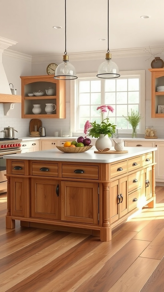 A spacious farmhouse kitchen with a large wooden island that includes storage and is decorated with fruits and plants.