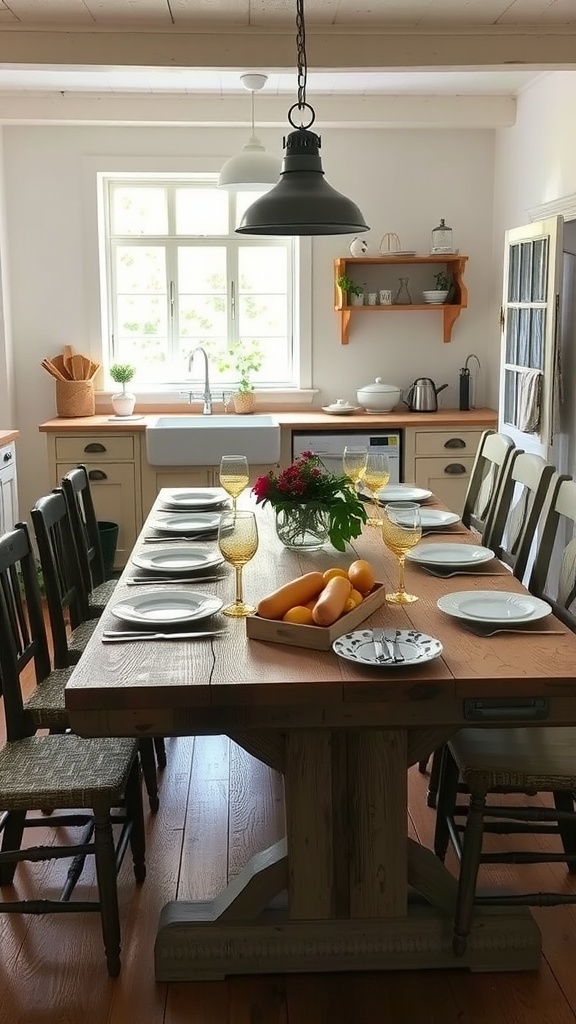 A large wooden table set for a meal in a French farmhouse kitchen, featuring plates, glasses, and a bowl of fruit.