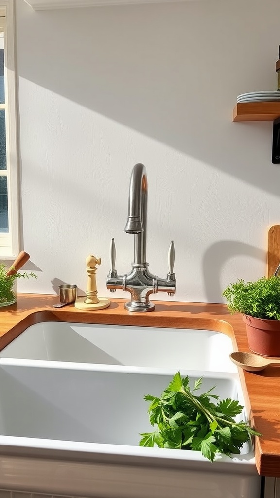 A large farmhouse sink with a vintage-style faucet, surrounded by herbs and a wooden countertop.