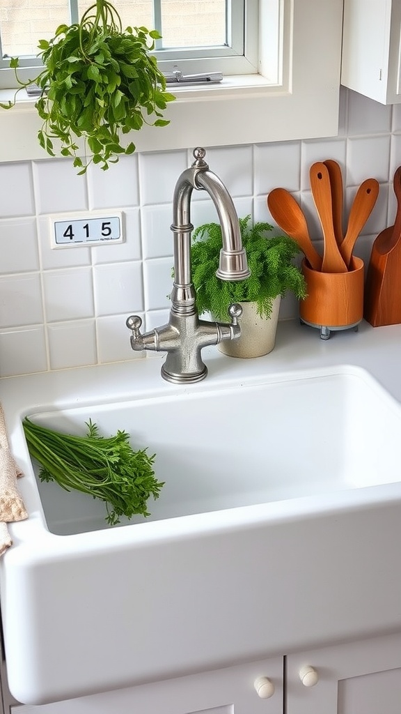A large farmhouse sink with a stylish faucet, surrounded by herbs and wooden utensils, set in a bright kitchen.