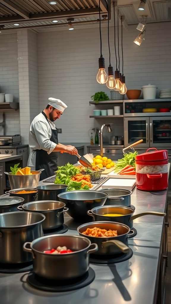 A chef preparing food on a large kitchen island, with pots and fresh ingredients around.