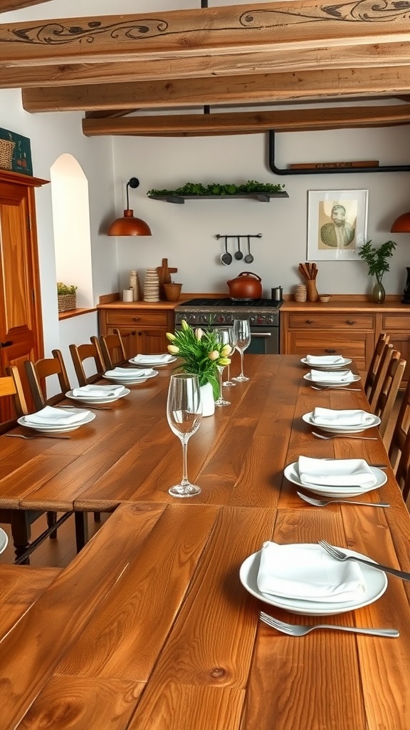 A spacious wooden dining table set for a family meal in a rustic Italian farmhouse kitchen, featuring white plates and glasses.