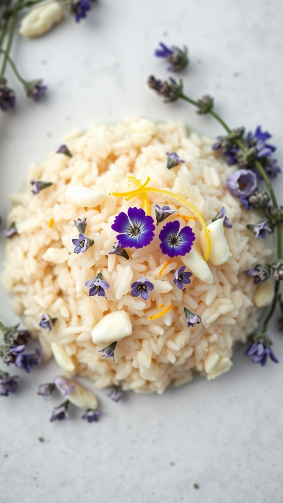 Lavender-infused sweet rice served with flowers