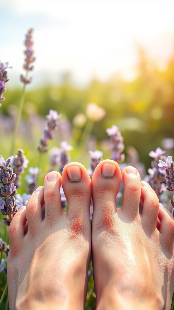 Close-up of bare feet with lavender nail polish surrounded by lavender flowers in a sunny garden.