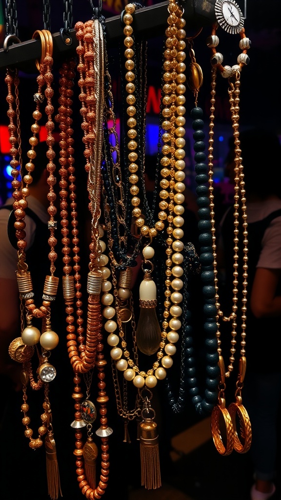 An assortment of layered necklaces in various colors and styles, showcasing early 2000s fashion trends.