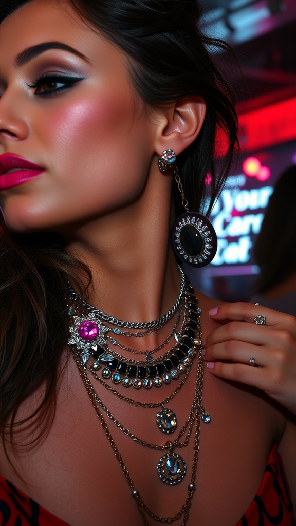 Close-up of a woman wearing layered necklaces and bold earrings, showcasing a glamorous clubwear style.