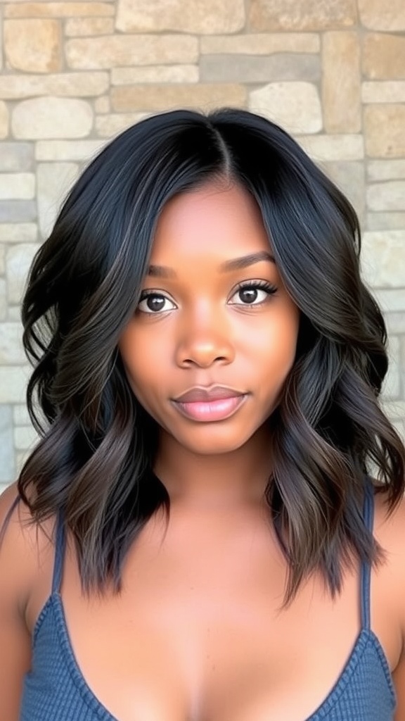 A layered bob quick weave hairstyle with soft waves and a dark color.