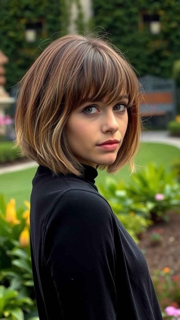A young woman with a layered bob hairstyle featuring bangs, looking stylish and fresh in a garden setting.