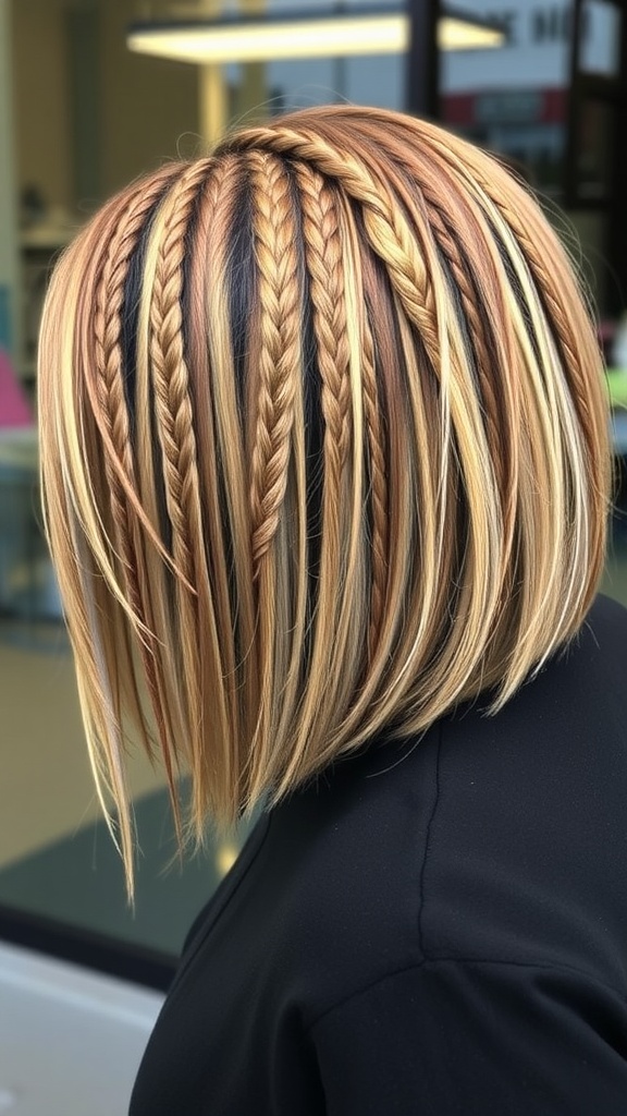 A layered bob hairstyle with intricate braids in various shades of brown and blonde.