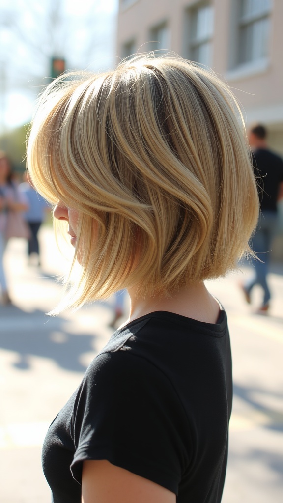 A woman with a layered blonde bob hairstyle with subtle highlights, showcasing movement and texture.