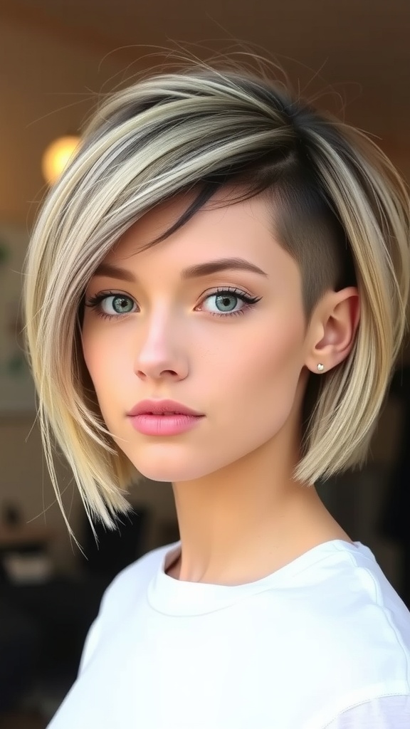 A woman with a layered bob hairstyle featuring an undercut, showcasing light blonde layers and dark roots.