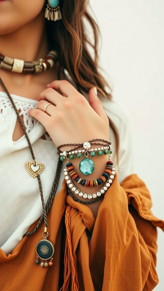 Layered bohemian jewelry featuring colorful necklaces and bracelets.