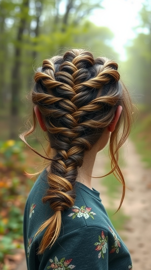 A woman with a layered braided hairstyle, showcasing a thick braid with different hair colors, set against a natural background.