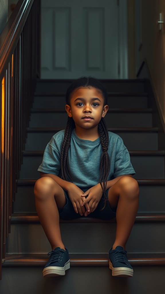 A young boy sitting on stairs with two long, layered braids.