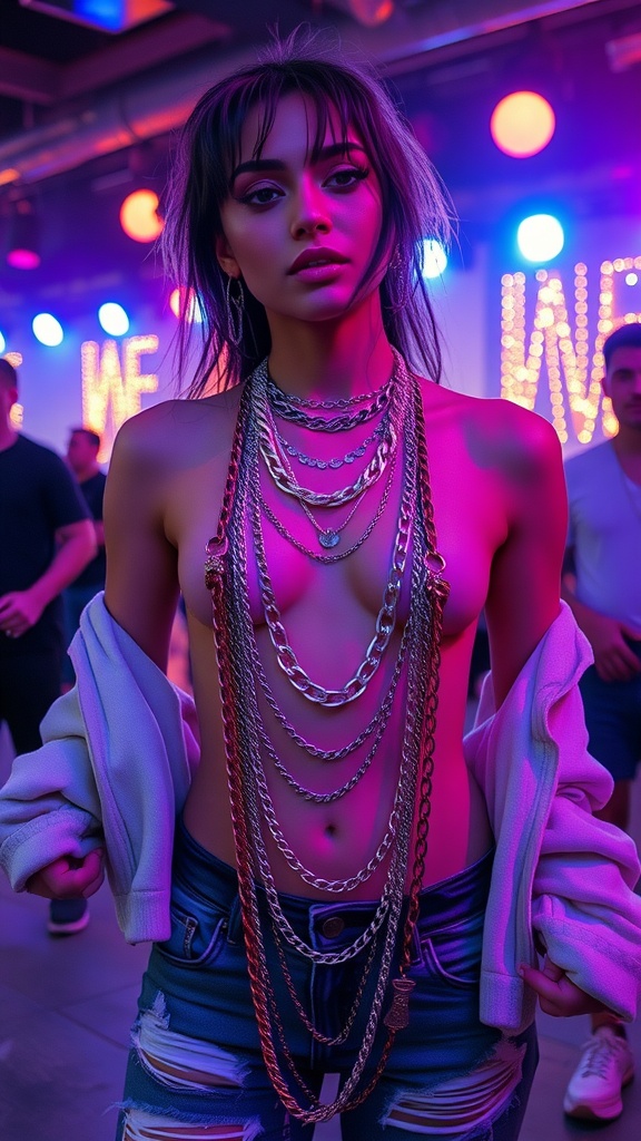 A person wearing layered chains and body jewelry at a rave