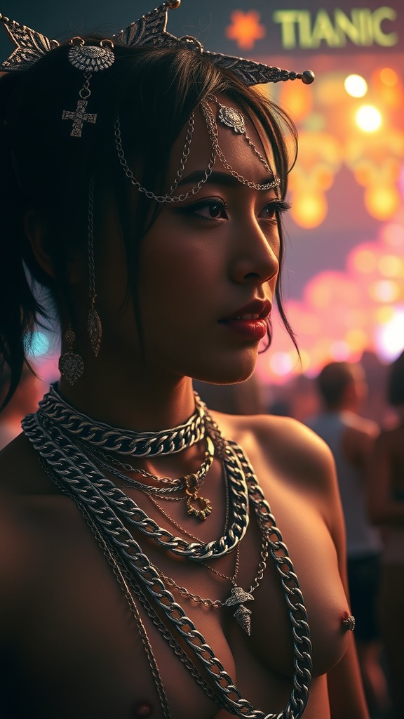 Model wearing layered chains and body jewelry at a festival