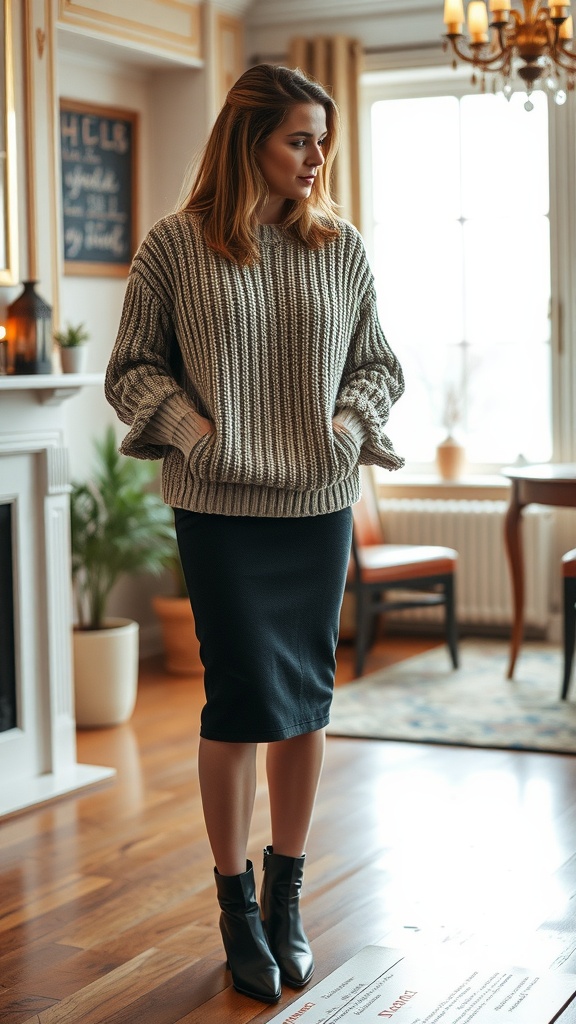 A woman wearing a cozy sweater and a pencil skirt, standing in a stylish interior.
