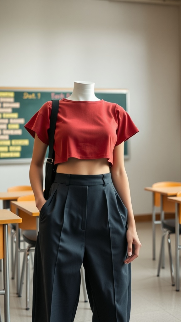 A mannequin dressed in a layered crop top and high-waisted trousers in a classroom setting.