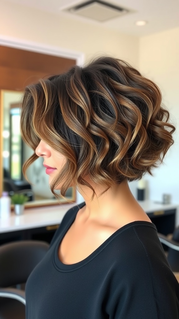 A woman with a layered curly bob hairstyle featuring rich highlights, showcasing volume and texture.