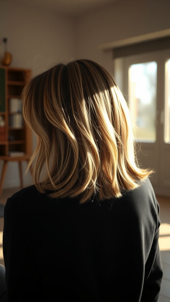 Layered cut hairstyle with subtle highlights on medium length hair.