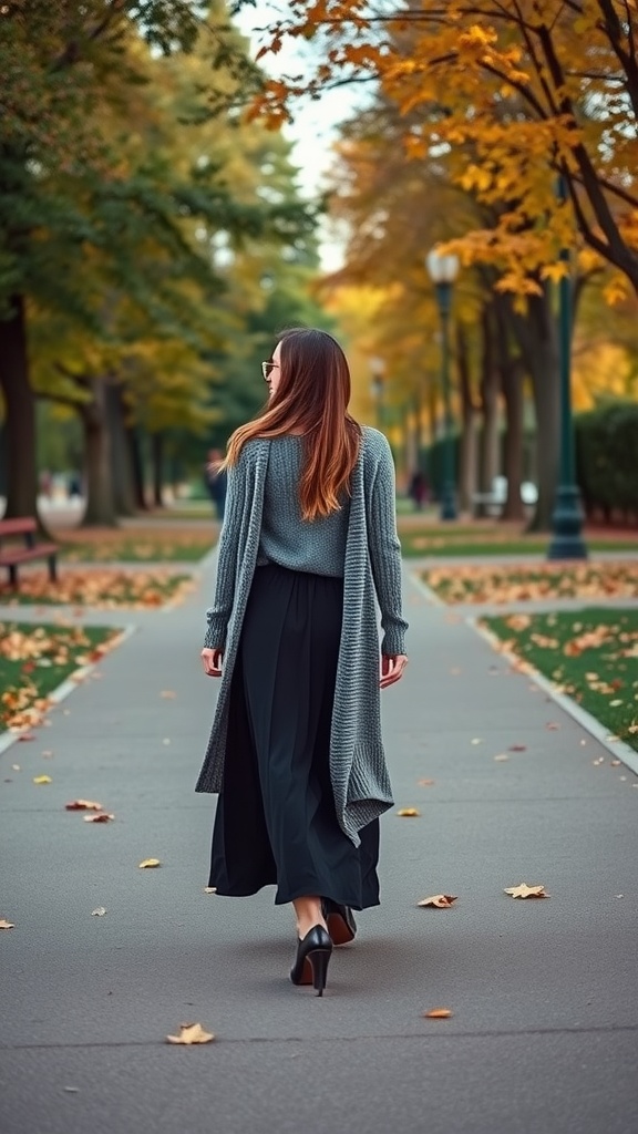 A woman walking in a park wearing a black maxi skirt and a long gray cardigan.