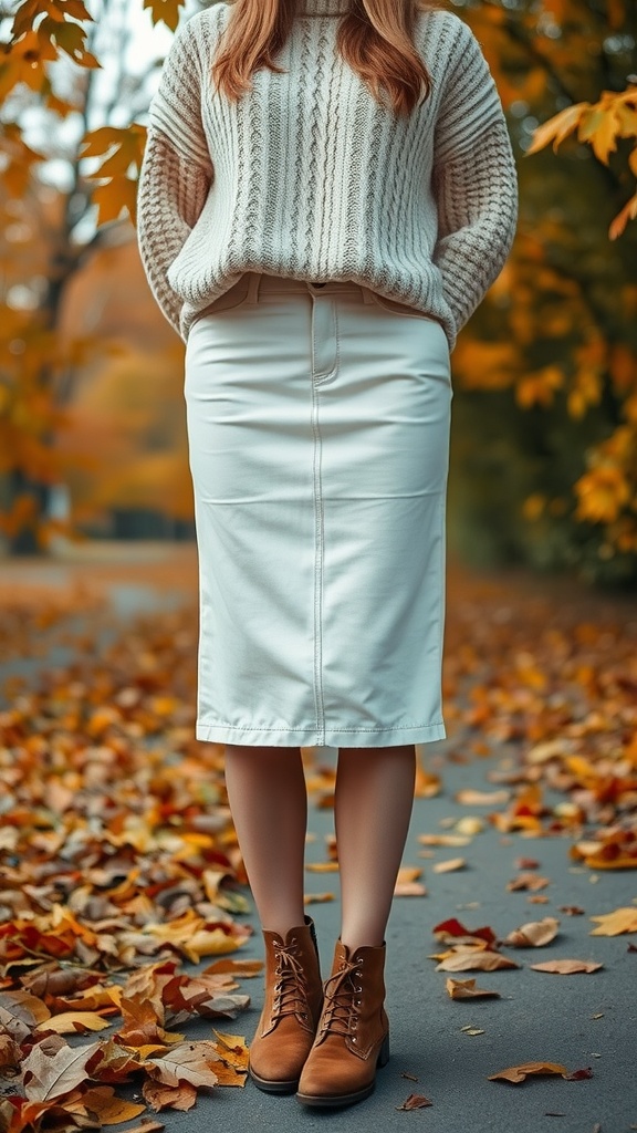 A person wearing a chunky knit sweater and a white denim skirt, standing on a path surrounded by autumn leaves.