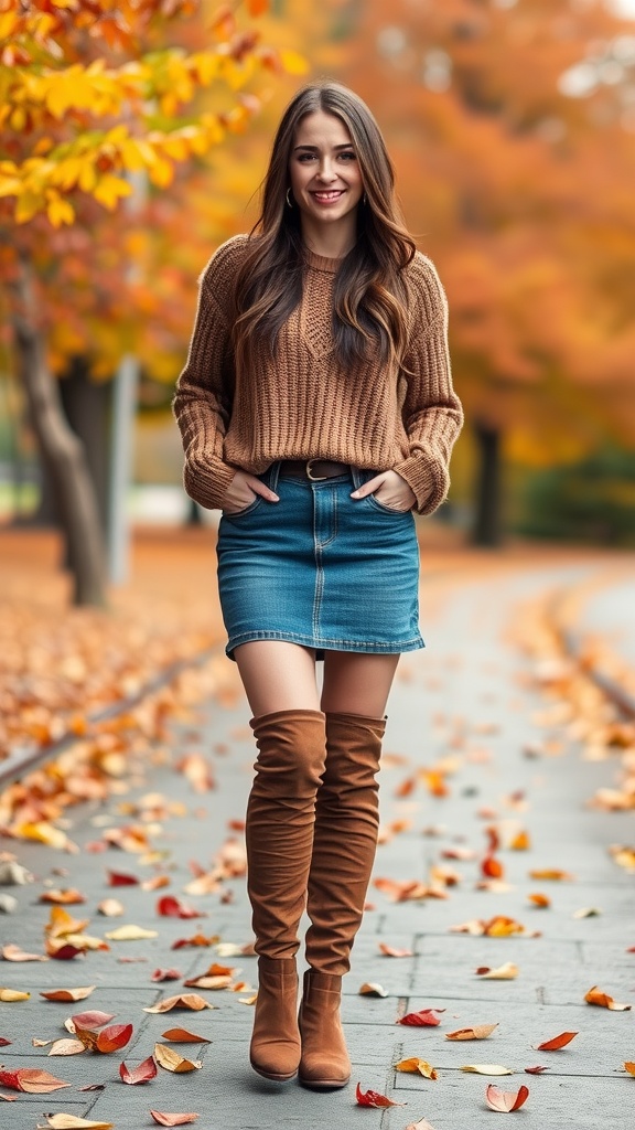 A woman wearing a brown oversized sweater and denim mini skirt, standing in a park with autumn leaves around.