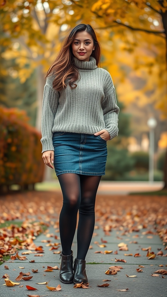 A young woman wearing a cozy sweater and a short denim skirt, standing in a park with autumn leaves.