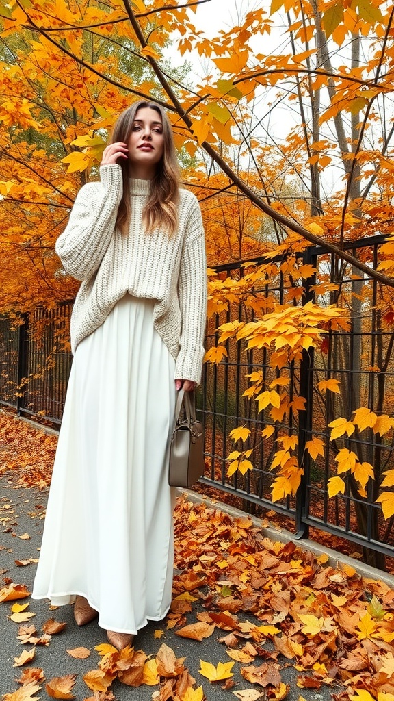 A woman wearing a white maxi skirt and a knitted sweater in a fall setting with orange leaves.