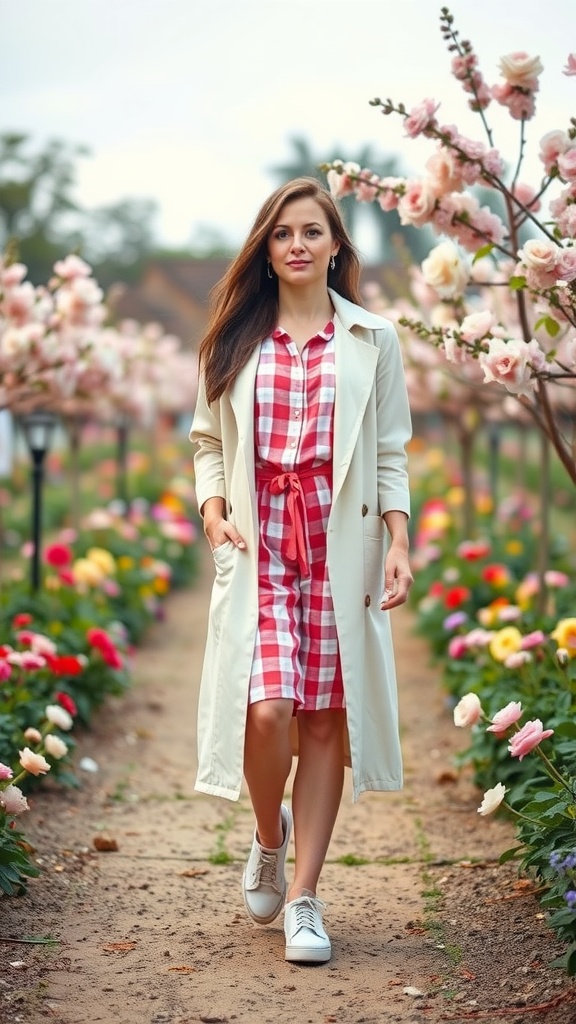 A woman in a red and white gingham dress with a trench coat walking through a flower garden.