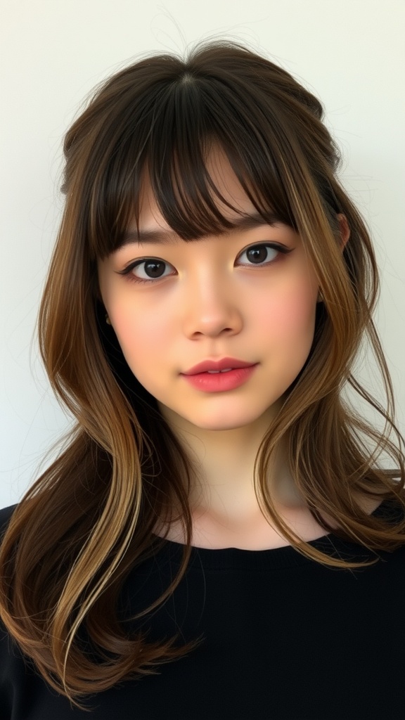 A woman with layered hair and soft bangs, showcasing a romantic hairstyle perfect for weddings.