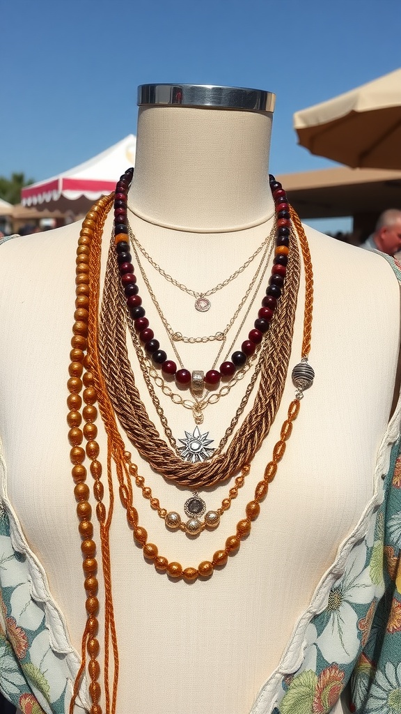A display of layered necklaces featuring various beads and textures, showcasing a bohemian style.
