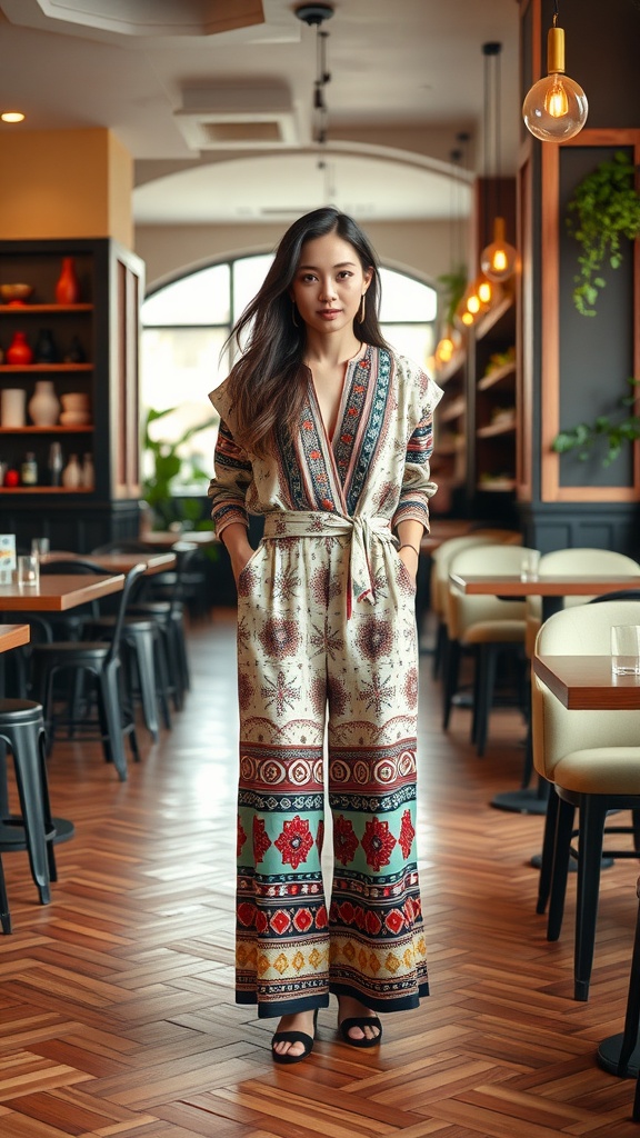 Woman wearing a layered jumpsuit with ethnic prints in a stylish setting