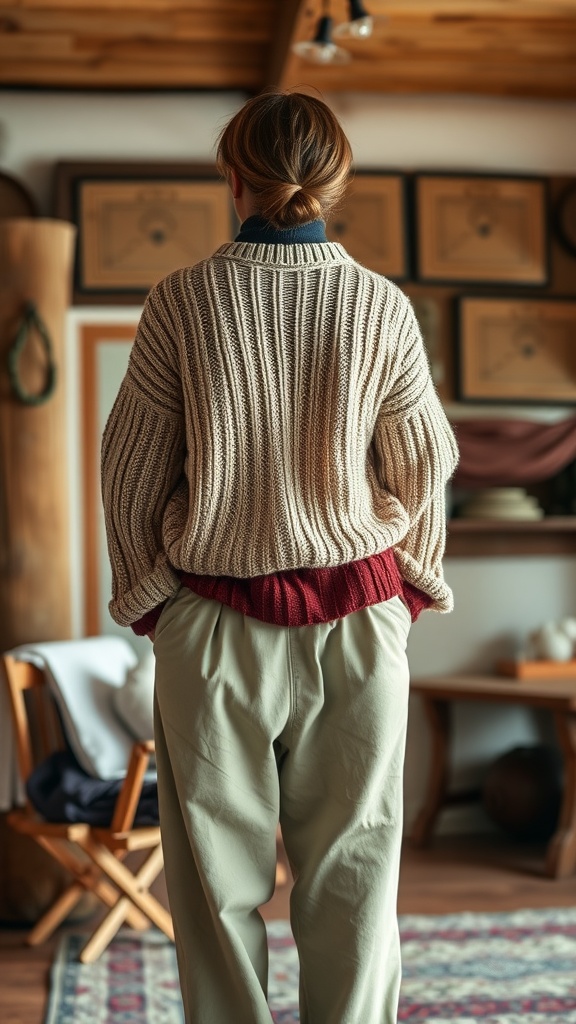 A person wearing a layered knit sweater and loose trousers, standing in a cozy room with wooden elements.