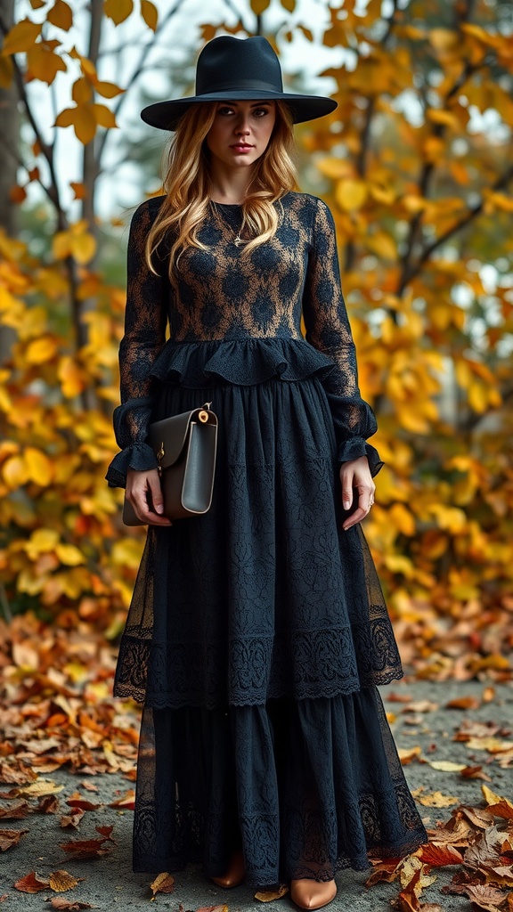 A woman wearing a layered lace maxi skirt and a black hat, standing among autumn leaves.