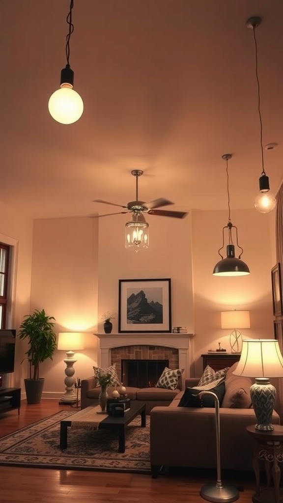 Cozy living room featuring layered lighting with various light fixtures.